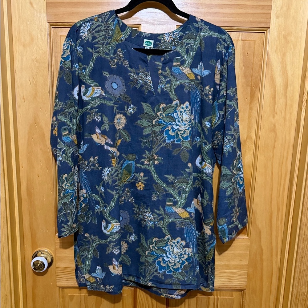 Dolma Blue Floral & Bird Print Tunic Top 3/4 Sleeve Lightweight Fabric Size XL
